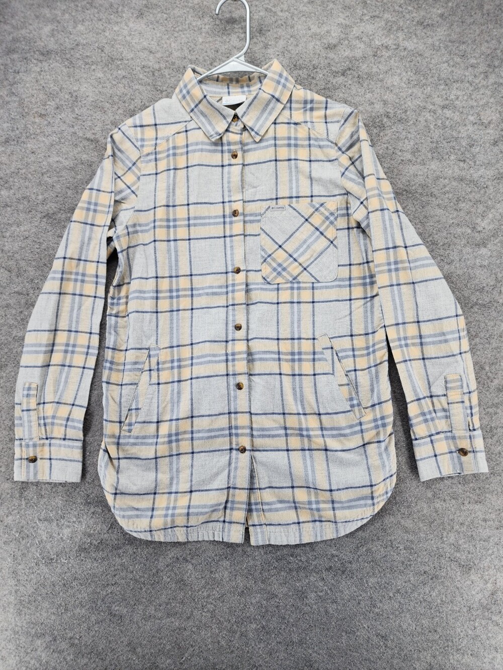 Columbia Shirt Dress Womens Small Button Up Gray Yellow Plaid Short